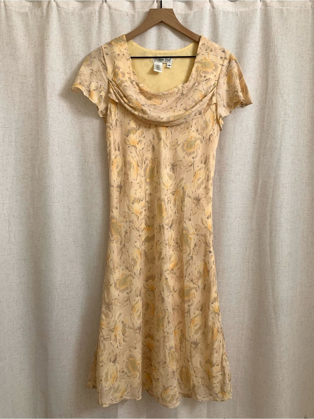 Coldwater Creek 100% Silk Apricot Cream and Yellow Floral Midi Cowl Neck Dress 8